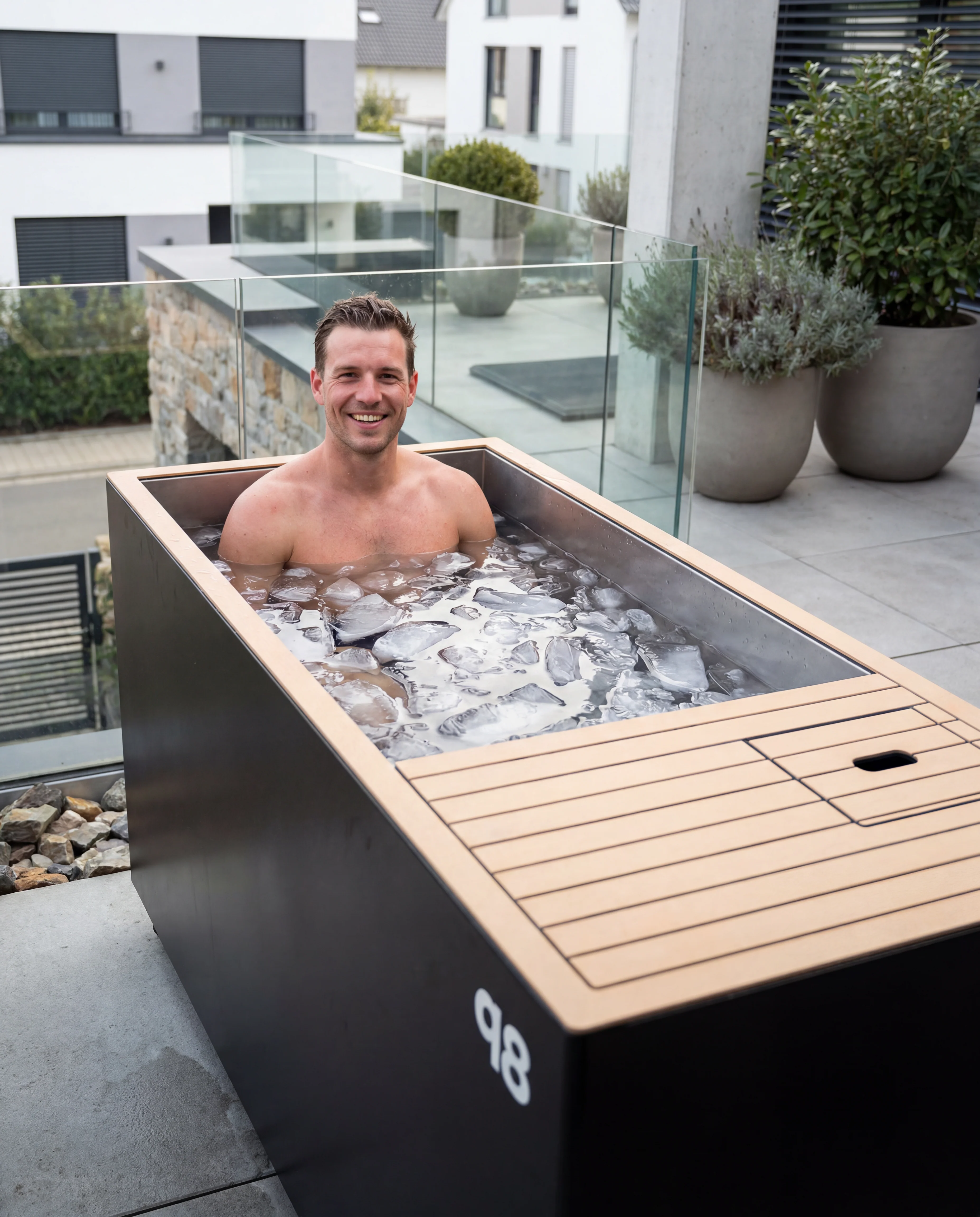 Mann genießt lächelnd ein Eisbad im qoob8 Genesis auf einer Dachterrasse